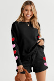 Black Heart Patch Long Sleeve Top and Shorts Textured 2pcs Set