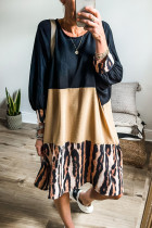 Khaki Printed Tiger Stripe Colorblock Bishop Sleeve Mini Dress