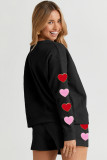 Black Heart Patch Long Sleeve Top and Shorts Textured 2pcs Set