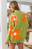Spinach Green Ribbed Trim Boho Floral Pattern Sweater