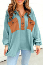 Mint Green Contrast Collar Flap Pockets Ribbed Textured Top