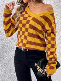 V Neck Plaid Contrast Stripe Knit Sweater