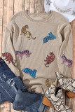 Khaki Sequin Animal Print Corded Vintage Sweatshirt