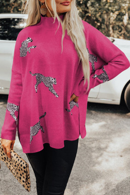 Rose Red Lively Cheetah Print High Neck Split Hem Sweater