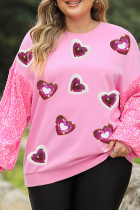 Pink Sequined Heart Graphic Splicing Sleeve Plus Size Sweatshirt