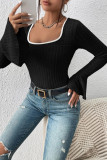 Square Neck Ribbed Knitting Flare Sleeves Top 