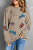 Khaki Sequin Animal Print Corded Vintage Sweatshirt