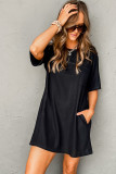 Black Waffle Knit T-shirt Dress with Pockets
