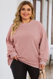 Pink Plus Size Corded Round Neck Sweatshirt