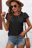 Black Solid Color Textured Pleated Flutter Sleeve Blouse