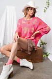Rose Printed Leopard Chest Pocket Ribbed Trim Baggy Sweater