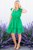Bright Green Split V Neck Elastic Waist Ruffled Dress