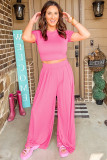 Strawberry Pink Slim Fit Crop Top and Pleated Wide Leg Pants Set