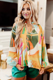 Yellow Printed Abstract Print Balloon Sleeve Notched Neck Blouse