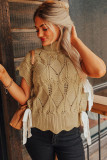 Light French Beige Hollowed Knit Scalloped Trim High Neck Sweater