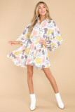 White Collared Neck Bubble Sleeve Floral Dress