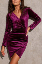 Plain V Neck Ruched Glitter Velvet Bodycon Dress