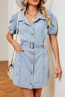 Washed Pockets Button Denim Dress With Sash