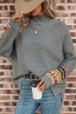 Gray Tribal Patch Raglan Sleeve High Neck Sweater