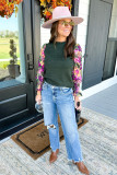 Mist Green Ribbed Frill Neck Floral Print Long Sleeve Top