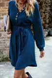 V Neck Button Tie Waist Ruffle Dress 