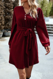V Neck Button Tie Waist Ruffle Dress 