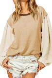 Smoke Gray Textured Patchwork Crew Neck Puff Sleeves Blouse