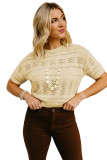 Beige Knitted Hollow out Short Sleeve Crop Sweater
