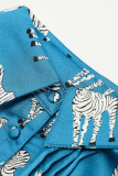 Blue Printed Zebra Pattern Pleated Shirt Tunic Dress