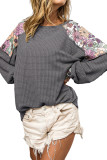 Philippine Gray Floral Patchwork Textured Long Sleeve Top