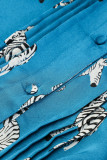 Blue Printed Zebra Pattern Pleated Shirt Tunic Dress