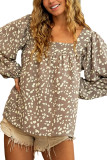 Leopard Square Neck Puff Sleeve Blouse