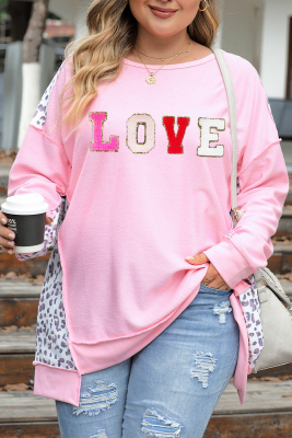 Pink Shiny Chenille LOVE Leopard Patched Plus Sweatshirt
