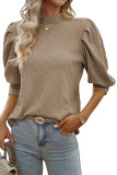 Simply Taupe Vintage Textured Puff Sleeve Mock Neck Top