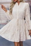 Plain Flocked Button Up Dress With Sash