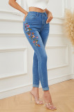 Embroidery Floral Patchwork Skinny Jeans Pants