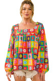 Multicolor Floral Crochet Square Neck Puff Sleeve Blouse