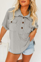 Light Grey Chest Pockets Half Buttoned Collared Blouse