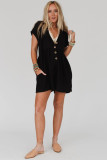 Black V Neck Buttons Loose Cuffed Short Sleeve Romper