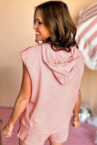 Light Pink Solid Color Sleeveless Hoodie and Shorts Set