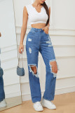 Washed Blue Distressed Hole Wide Leg Jeans Pants