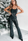 Black Sequined Tank Top and Flare Pants Set