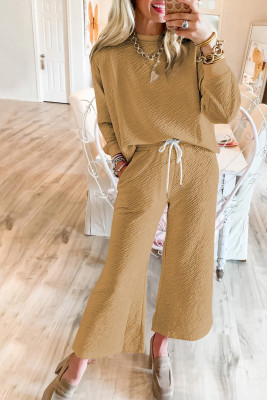 Light French Beige Textured Long Sleeve Top Drawstring Pants Set