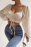 Plain Open Bust Ruched Puff Sheer Sleeves Crop Top
