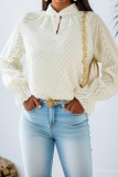 Apricot Texture Hollow Out High Collar Puff Blouse