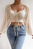 Plain Open Bust Ruched Puff Sheer Sleeves Crop Top