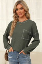 Mist Green Contrast Exposed Stitching Waffle Knit Blouse
