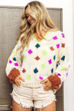 White Rhombus Pattern Colorblock V Neck Hooded Sweater