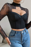 Plain Open Bustier Lace Sleeves Top