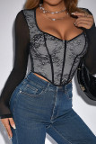 Black Contrast Color Lace Long Sleeves Bustier